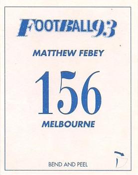 1993 Select AFL Stickers #156 Matthew Febey Back